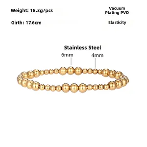 Bracciale elastico in perline di acciaio titanio dorato con perle da 4mm e 6mm di 17,6cm
