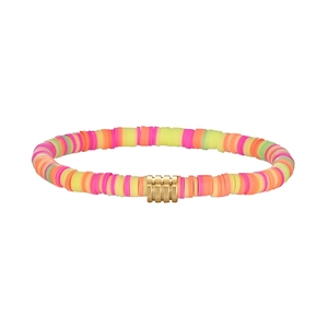 Detail view of colorful polymer clay beads bracelet with a gold metal cylinder bead