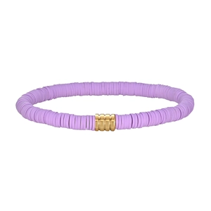 Detailed shot of purple Heishi clay bead bracelet with a textured gold-tone metal connector