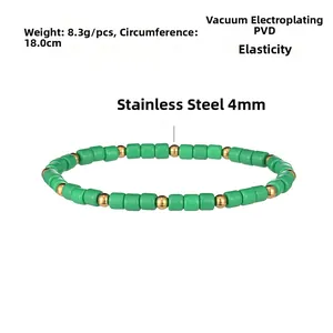 Bracciale elastico bohémien con perline verdi e perle in acciaio inossidabile da 4mm