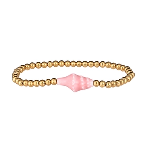 Detail showing gold beaded bracelet featuring a pink conch shell charm and steel beads