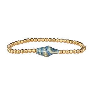 Detail of waterproof gold beaded bracelet featuring a blue-green ceramic spindle bead