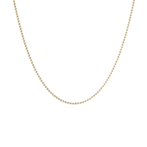 Detailed close-up of a golden stainless steel ball chain necklace on a white background
