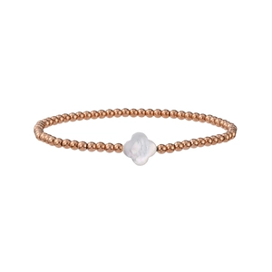 Detail of rose gold beaded bracelet featuring a white mother-of-pearl clover charm