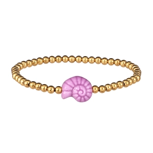 Detailed close-up of golden beaded bracelet with a purple ceramic conch sea shell pendant