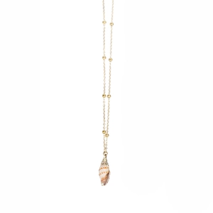 Detailed close-up of golden beaded chain and natural conch shell pendant for summer beach style