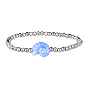 Detailed view of silver beaded bracelet with a light blue ceramic conch shell pendant