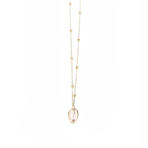 Detail of golden beaded chain with a natural oval shell pendant on a white background