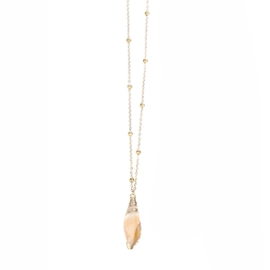 Macro detail of natural spiral seashell pendant on golden beaded chain necklace