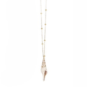 Detail of gold bead chain necklace featuring a wire-wrapped natural conch shell pendant