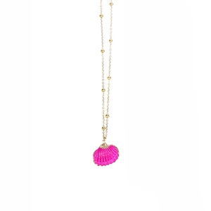 Detail of rose pink shell pendant with gold edging and beaded golden chain necklace