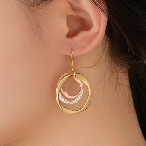 Three-tone triple hoop drop earrings in gold, rose gold and textured silver finish