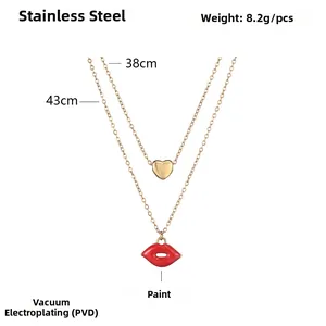 Double-layered gold stainless steel necklace with heart and red lip enamel pendants
