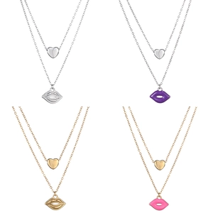 Double-layered stainless steel necklace featuring mini heart and lip pendants in four colors