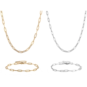 Gold and silver paperclip chain necklace and bracelet set with lobster clasps