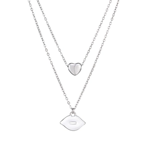Detail of double-layer stainless steel necklace featuring mini heart and lip pendants