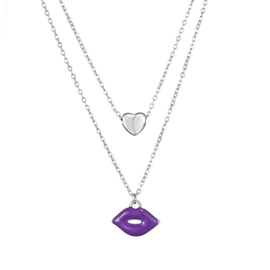 Close-up of double-layer silver chain with 3D heart and purple enamel lip pendant