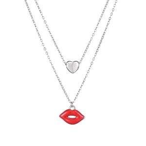 Close-up of double-layered titanium steel necklace with silver heart and red lip charms