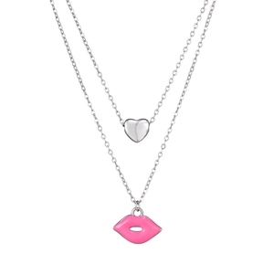 Detail of silver double-layered necklace with 3D heart and pink enamel lip pendants