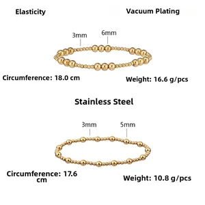 Elastic 18K gold plated stainless steel bead bracelets with 3+1 style and shiny finish