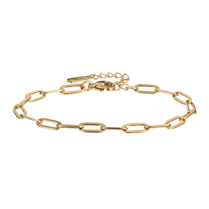Close-up of gold stainless steel paperclip chain bracelet with lobster clasp and logo tag