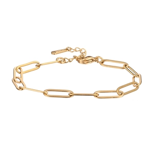 Close-up of golden stainless steel paperclip chain bracelet with adjustable lobster clasp