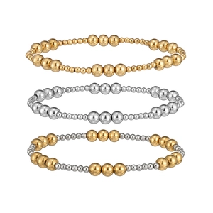 Stackable 18K gold and silver stainless steel beaded elastic bracelets set for women