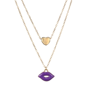 Close-up of double-layer gold chain with heart pendant and purple enamel lip charm