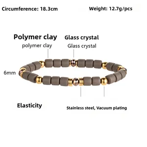 Bohemian elastic polymer clay bead bracelet with stainless steel accents and crystal