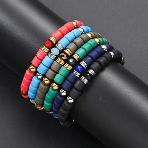 Bohemian Polymer Clay Beaded Elastic Bracelet For Men Women Stainless Steel Beads Glass Crystal Handmade Jewelry Gift