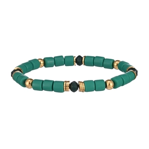 Detailed close-up of cylindrical matte green clay beads and golden spacers on elastic bracelet