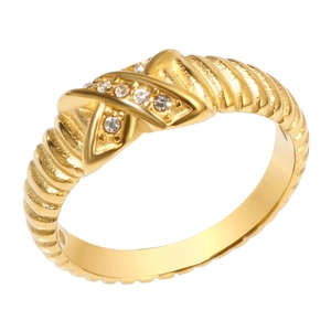Goldener Titanring mit Spiraltextur und Kreuz-X-Design mit kleinen Diamanten besetzt