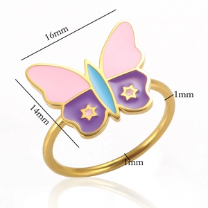 Detailansicht Schmetterlingsring Gold mit Emaille-Flügeln und Größenabmessungen