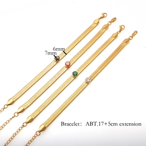 Flat snake chain bracelet in gold stainless steel with colorful zirconia stone charms