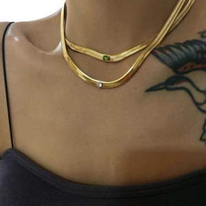 Double-layer 18K gold plated herringbone chain necklace set with green and white gemstones