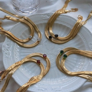 Fashion Alloy Herringbone Chain Jewelry Set Rhinestone Inlaid Gold Silver Plated Blade Necklace Bracelet For Women Party Gift