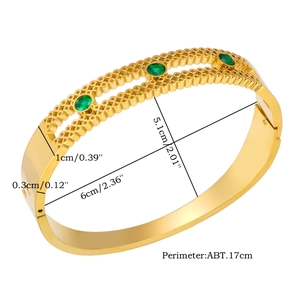 Gold-plated titanium steel bangle with green zircons and vintage court style design