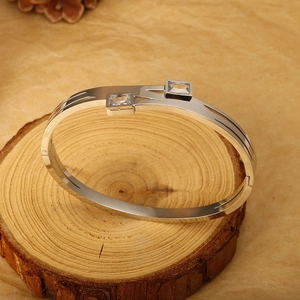 Adjustable silver titanium steel open bangle with square cubic zirconia and hollow lines