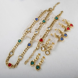 Moda Acero Inoxidable Corazón Joyería Collar Pulsera Pendientes para Mujer Chapado en Oro Cadena Cubana Gema Colorida Accesorio