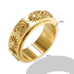 Bague rotative en acier doré avec motifs soleil lune et étoile, 9 mm large