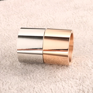 Detail of two-tone polished stainless steel ring with silver and rose gold finish
