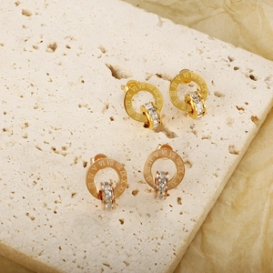Edelstahl Römische Zahlen Doppelring Ohrstecker Strass Eingelegt Gold Silber Schmuck Für Damen Fashion Hip Hop Ohrringe
