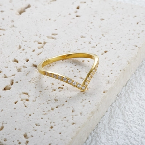 18K gold plated V-shaped stainless steel ring with micro-pave zirconia settings
