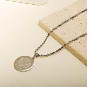Minimalist stainless steel twisted rope chain necklace with a shining engraved coin pendant