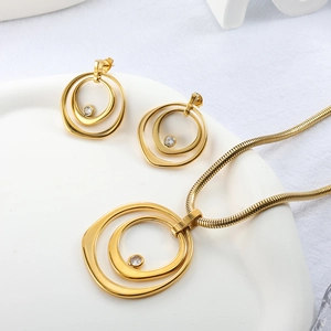 Parure de Bijoux en Acier Inoxydable Collier Pendentif Double Cercle Zircon et Boucles d'Oreilles Chaîne Serpent Femmes
