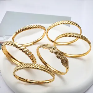 Titanium Steel Twisted Braided Cuff Bangle For Women Gold Plated Striped Opening Metal Bracelet Minimalist Jewelry Gift
