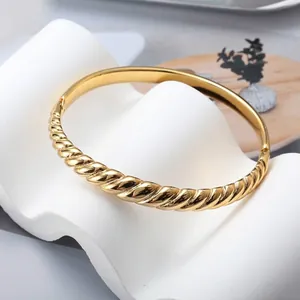 Elegant gold twisted rope stainless steel bangle on minimalist white pedestal