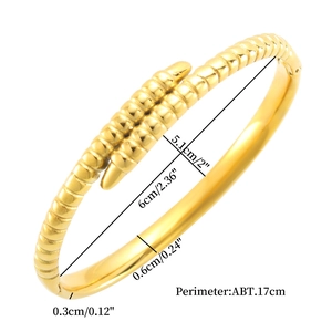 Polished 18K gold plated stainless steel snake spiral bangle with detailed size measurements