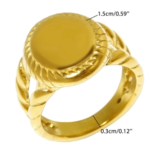 18K gold plated stainless steel oval signet ring with twisted rope texture design