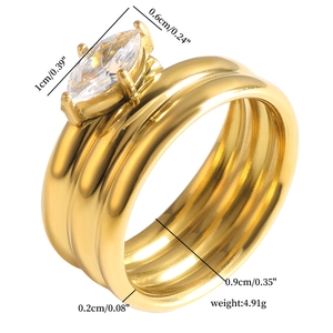 Bague en acier inoxydable plaqué or 18K avec triple anneau et zircon marquise